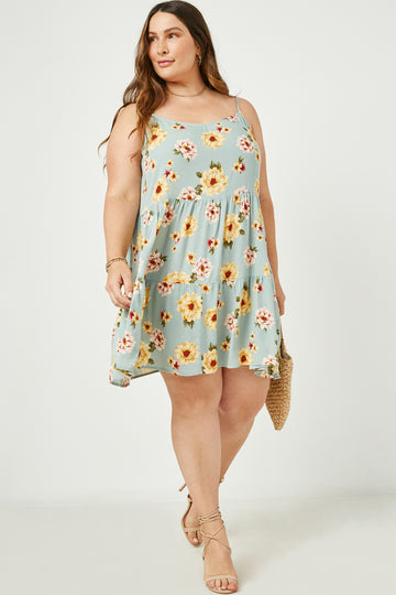 HJ3433 Seafoam Womens Floral Tiered Sleeveless Swing Dress Full Body